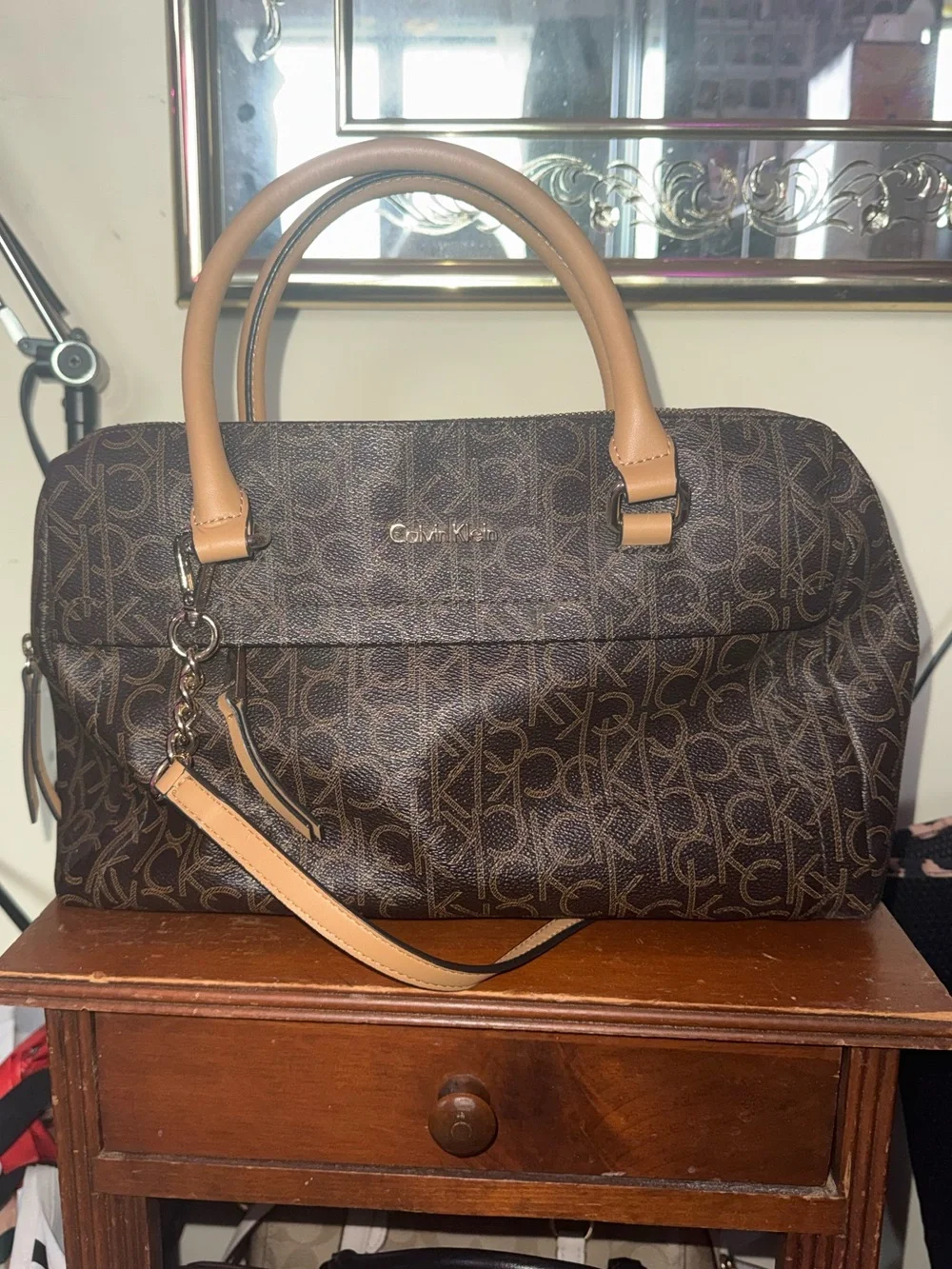 Calvin Klein Brown Monogram Duffel with Tan Handles